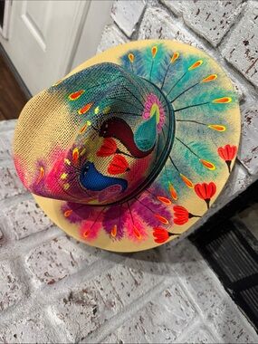Hand-Painted Vibrant Peacock Sun Hat - Yellow